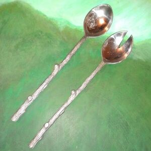Silver Twig Serving Spoons Set Long Branch Handle Salad Servers Nature Botanical